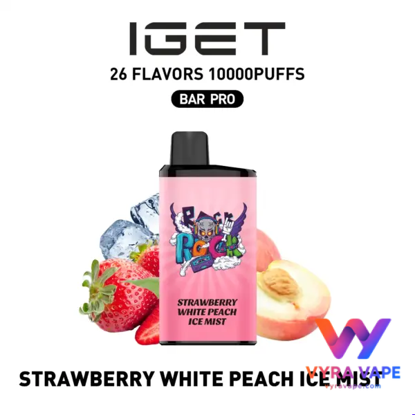 STRAWBERRY-WHITE-PEACH-ICE-MIST-600x600 IGET BAR PRO 10,000 Puffs – Strawberry White Peach Ice Mist - Image 1